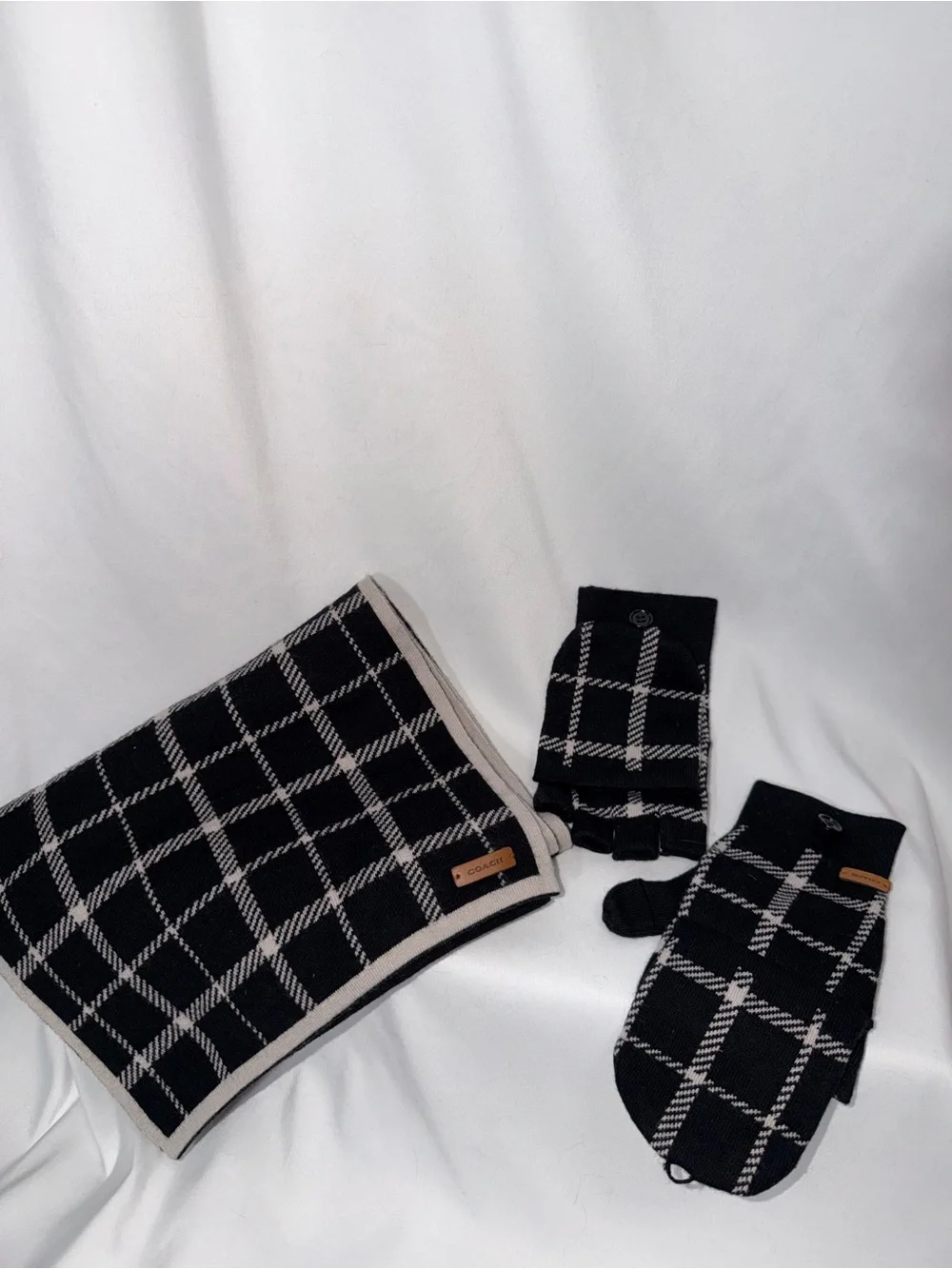 Coach| Black and Cream Tattersall Wool Scarf and Convertible Glove Set